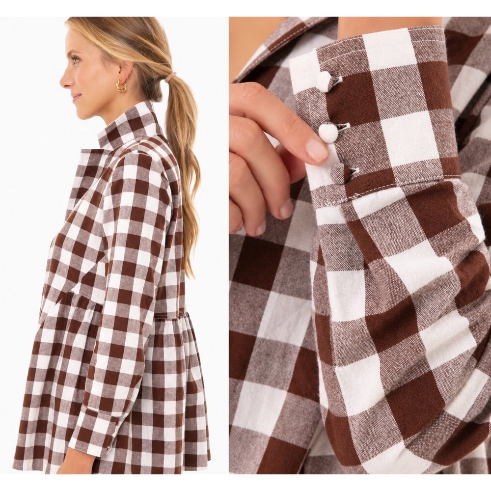 Pomander Place Tuckernuck Brown Gingham Peplum Button Down Shirt S 100% Cotton - Picture 3 of 11